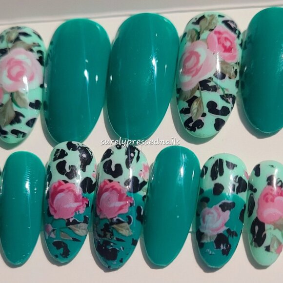 Green and Mint Green, Black Leopard Print and Pink Flowers- Oval Shaped Nails - Picture 2 of 3